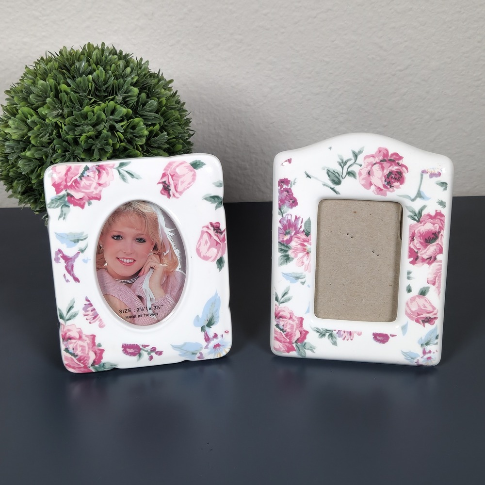 Vintage Ceramic Floral‎ Picture Frames Set of 2 Pink Roses Oval Rectangle Small